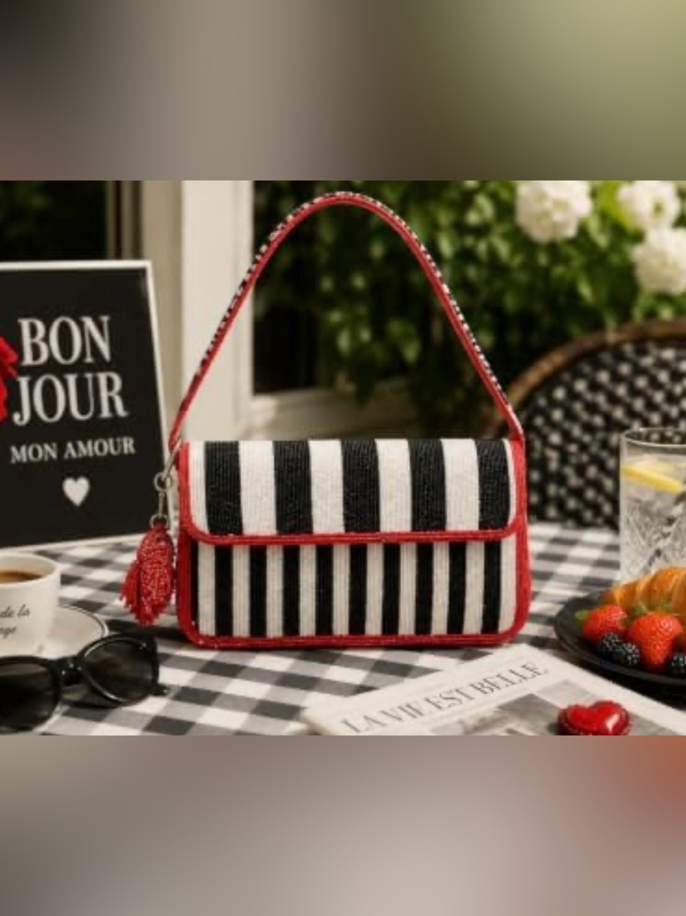 Beaded Shoulder Flap Bag with Red, Black, & White Stripes- Handmade, Retail $89